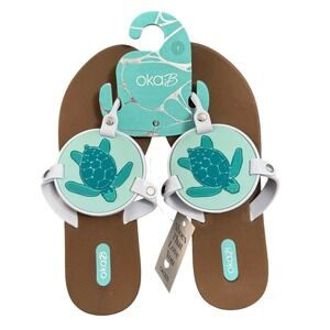 NWT Oka B Solara Tortoise Flip Flops Sandals Sea Turtle Size 7 Brown Aqua